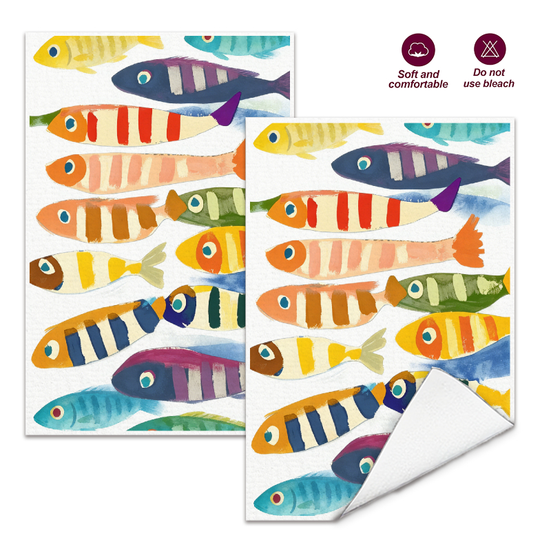 Kitchen Baking Necessities - 2Pcs, Watercolor Striped Fish Kitchen Towels,